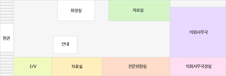 왼쪽 위부터 현관, 화장실, 자료실, 문서, 안내, 의회사무국, E/V, 정책지원관실, 전문위원실, 의회사무국장실이 있습니다