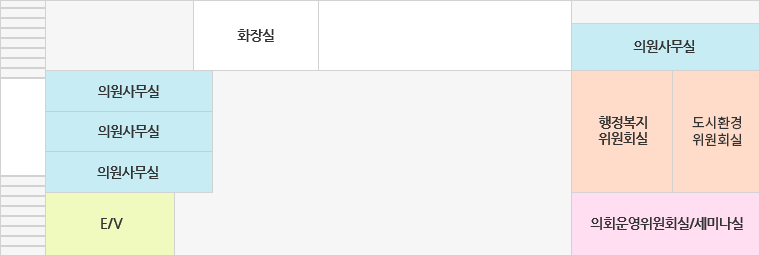 왼쪽 위부터 현관, 화장실, 의원사무실(3-C), 의원사무실(3-B), 의원사무실(3-A),행정복지 위원회실, 도시횐경 위원회실, E/V, 의회운영위원회실/세미나실이 있습니다