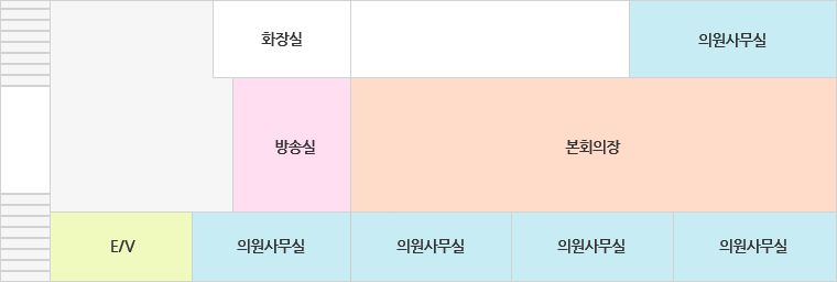 왼쪽 위부터 현관, 화장실, 휴게실, 방송실, 본회의장, E/V, 의원사무실(4-A), 의원사무실(4-B), 휴게실이 있습니다