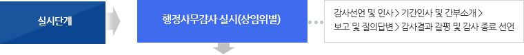 실시단계 → {행정사무감사 실시(상임위별) : 감사선언 및 인사＞기간인사 및 간부소개＞보고 및 질의답변＞감사결과 갈평 및 감사 종료 선언 }